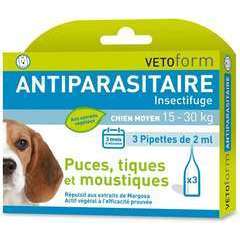 Pipettes antiparasitaire insectifuge pour chien moyen 15-30 kg x 3