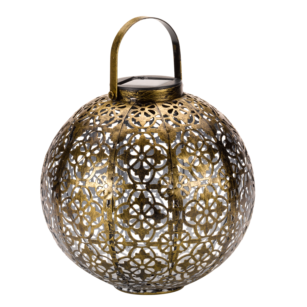 Lanterne solaire à poser Damasquette en fer doré - 18,5x18 cm