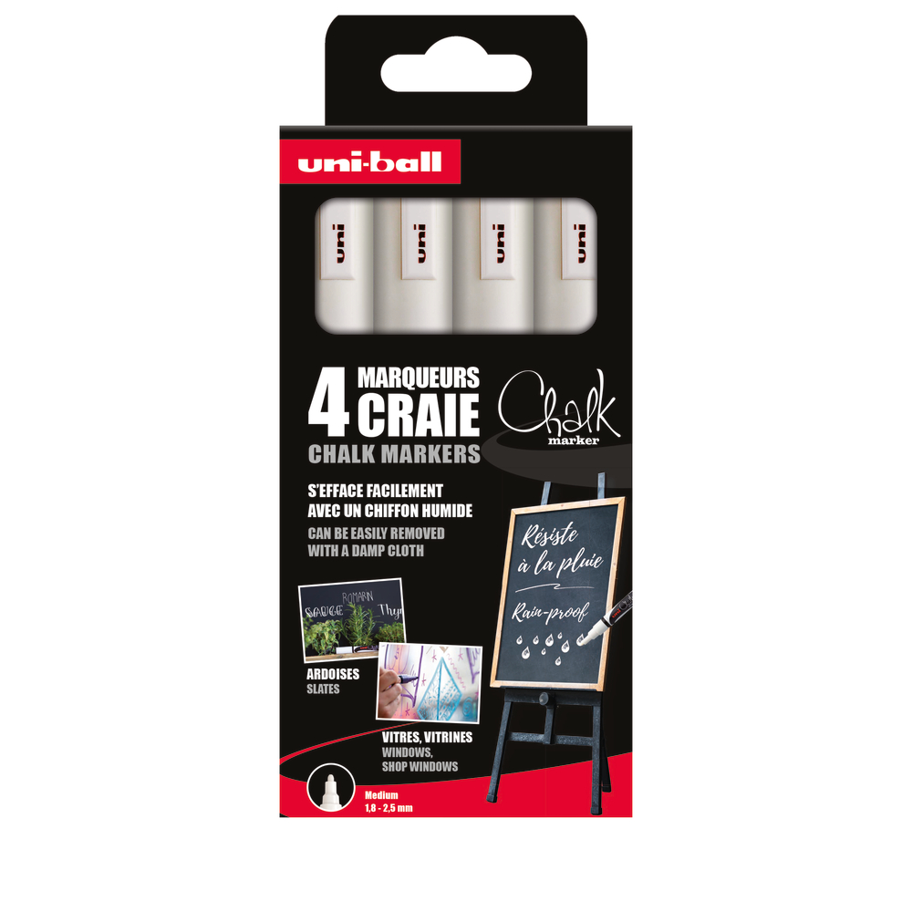 Lot 4 Marqueurs craie moyen blanc - Pointe ogive moyenne 1,8 à 2,5 mm