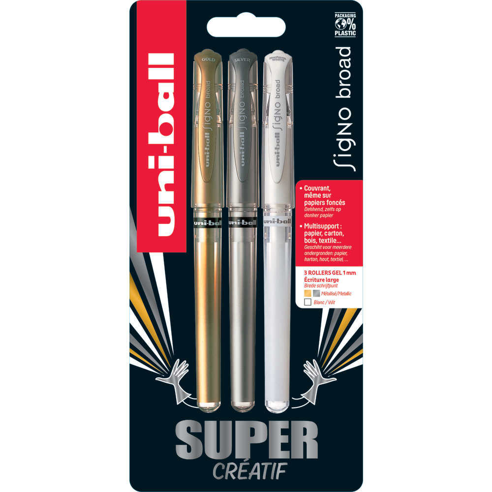 3 stylos gel broad Signo Or, argent et blanc - Pointe 1mm