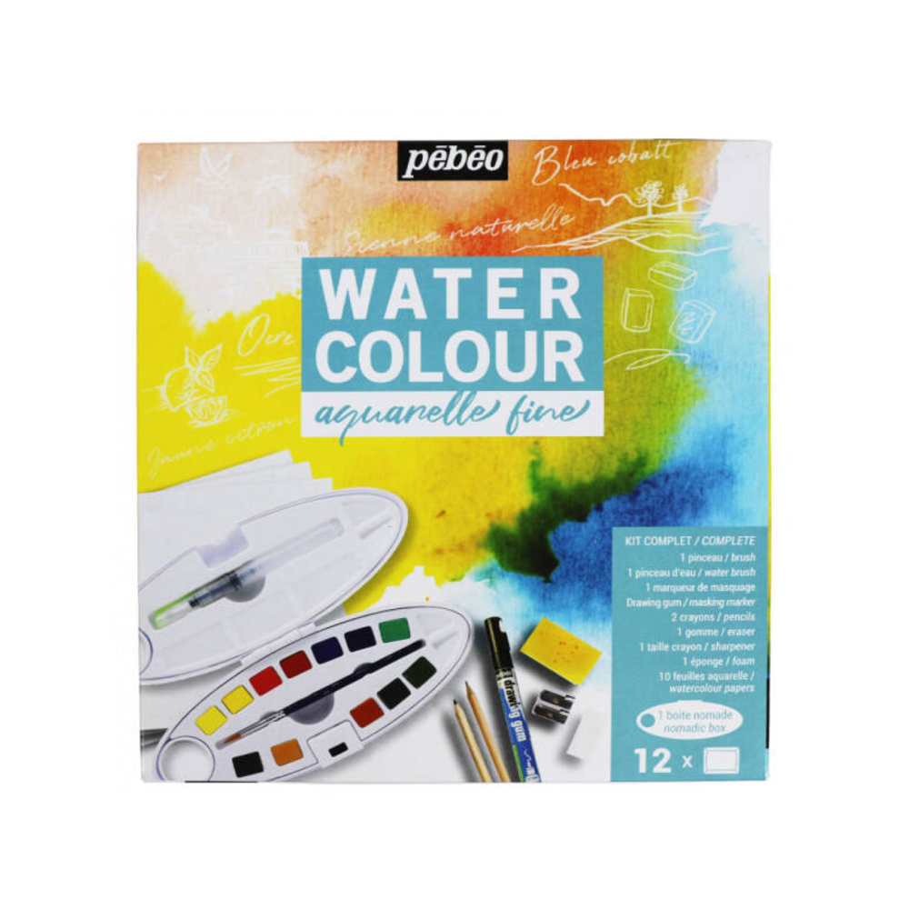 Kit complet boîte ovale 12 demi-godets aquarelle fine + accessoires