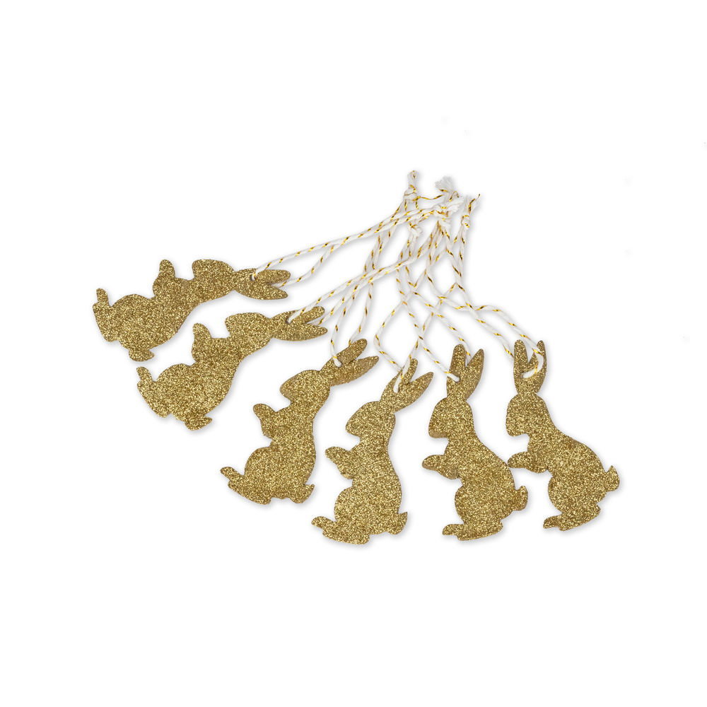 6 étiquettes lapin bois paillettés or à suspendre - 8x4cm