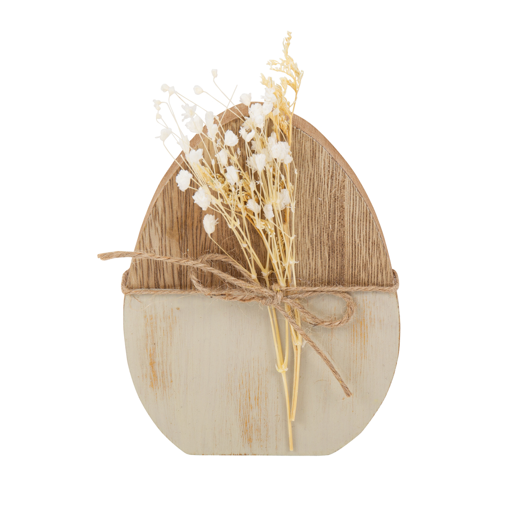 Œuf en bois brut vernis et beige avec fleurs séchées - 10,3x13,3cm