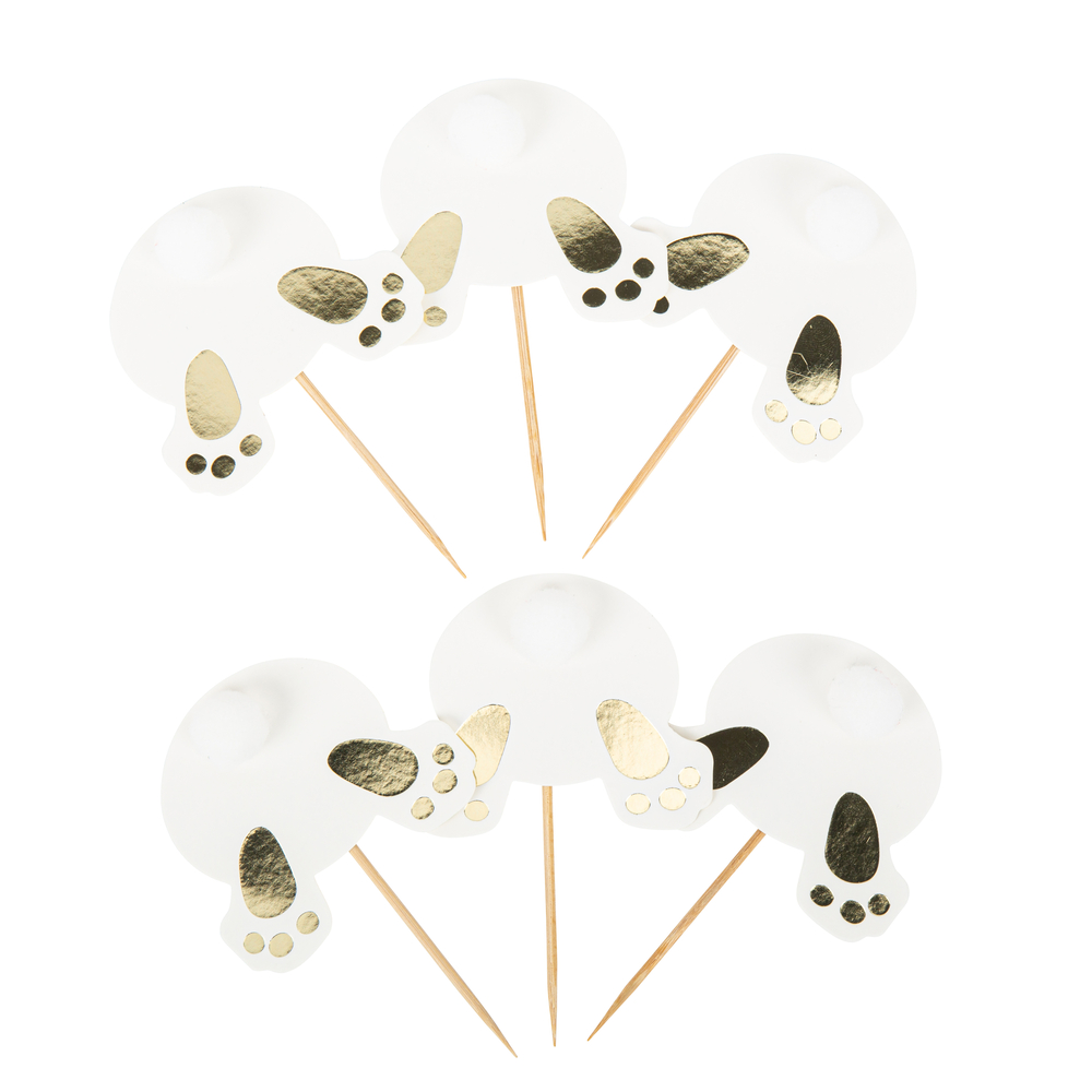 6 pics cucul de lapin à pompons blancs et or - 9,5 x 6 cm