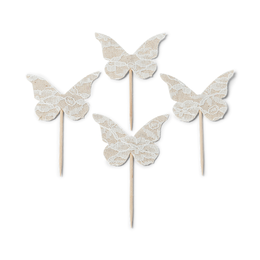 4 papillons de 5cm sur pic de 6,5cm en lin ficelle et dentelle