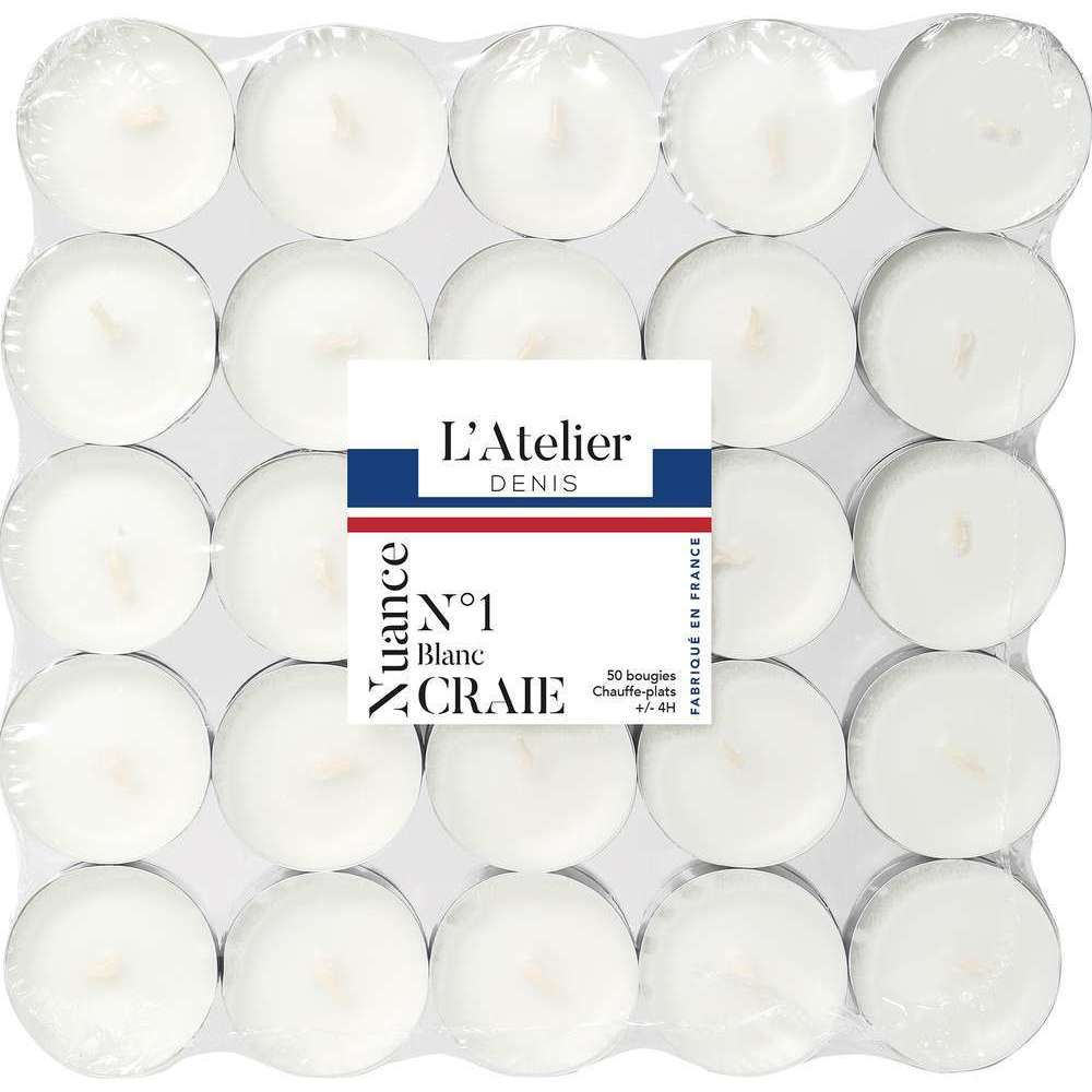 Lot de 50 bougies chauffe-plat, coloris blanc