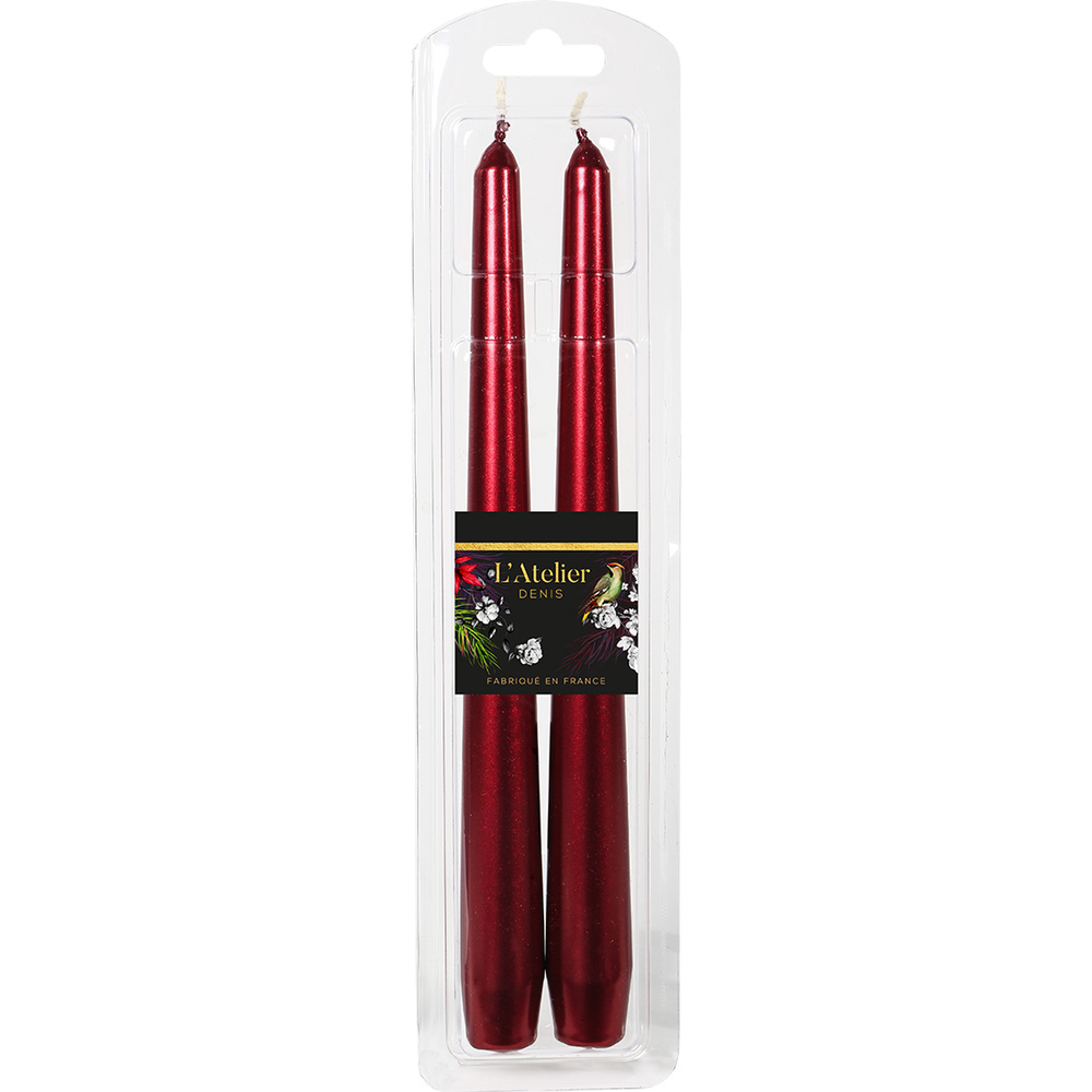 Lot de 2 bougies flambeaux, coloris rouge métallisé - H.25cm