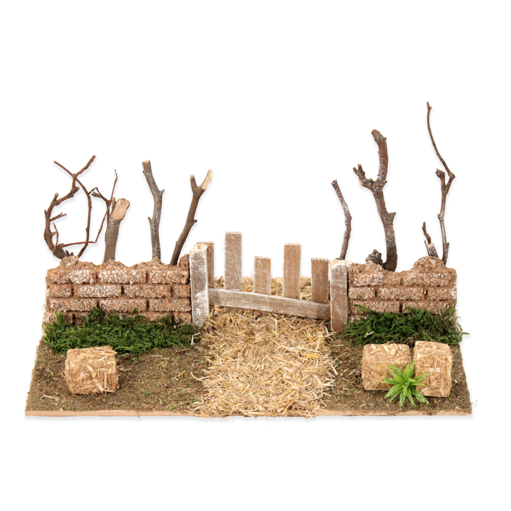 Décor pour crèche de Noël Mur avec portail et arbres 25x16x13cm