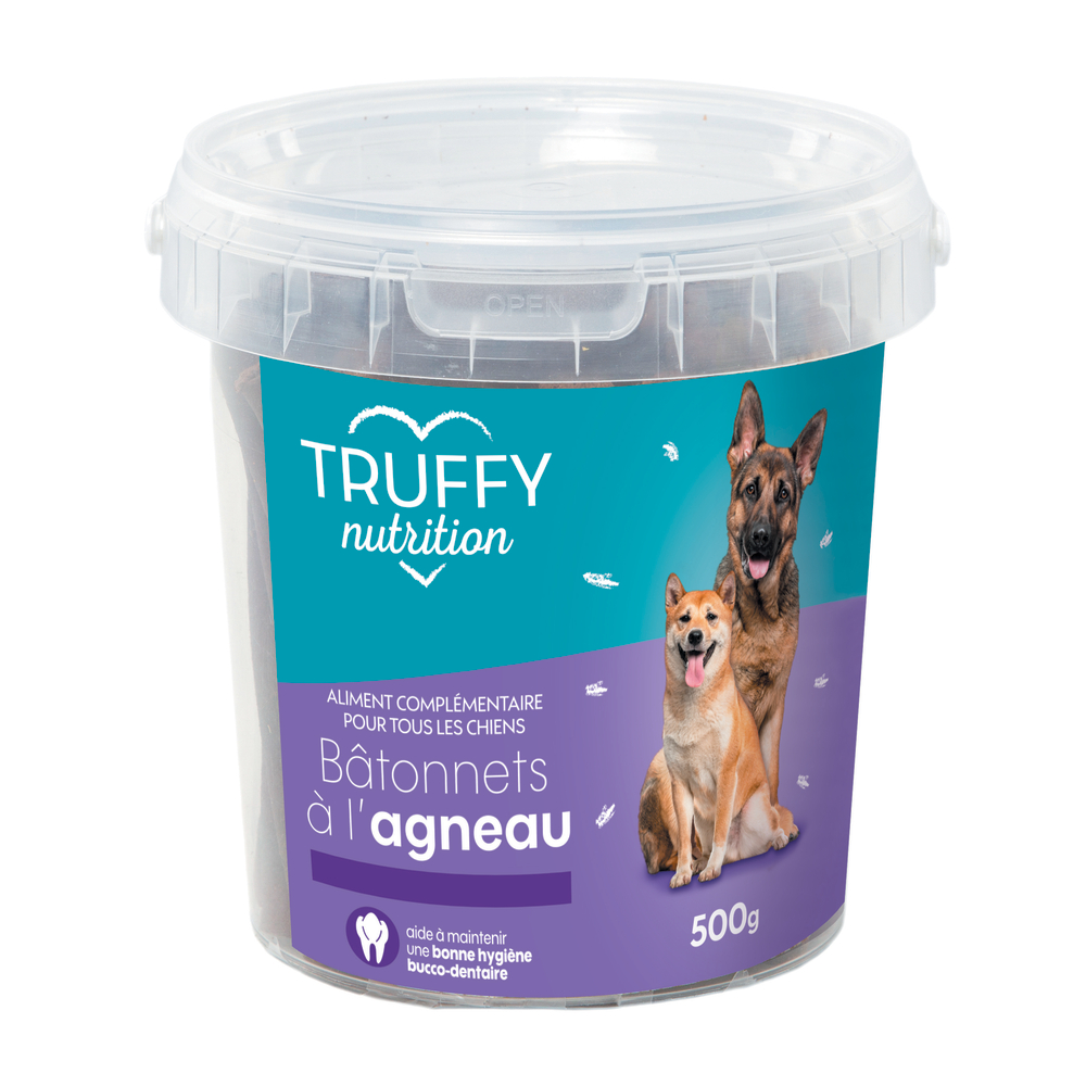 Bâtonnets à l'agneau pour chien Truffy nutrition - Seau de 500g