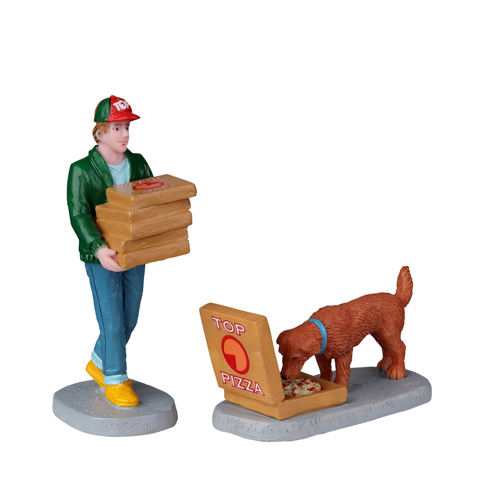 Livraison de pizza, scène miniature de village de Noël