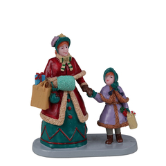 Shopping de fêtes avec maman, scène miniature de village de Noël