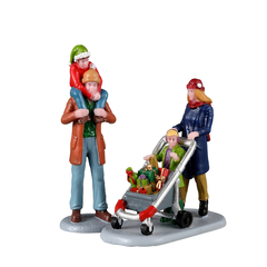 Shopping de Noël en famille, scène miniature de village de Noël