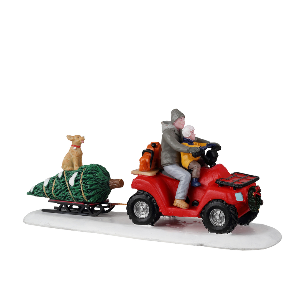 Achat du sapin en quad, scène miniature de village de Noël