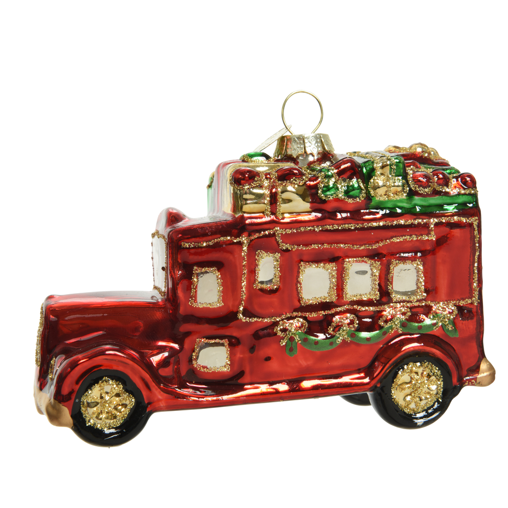 Suspension de Noël en verre : voiture rouge avec des cadeaux - H.7cm