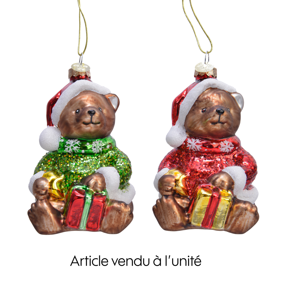 Suspension de Noël en verre : ours avec cadeau - H.12cm