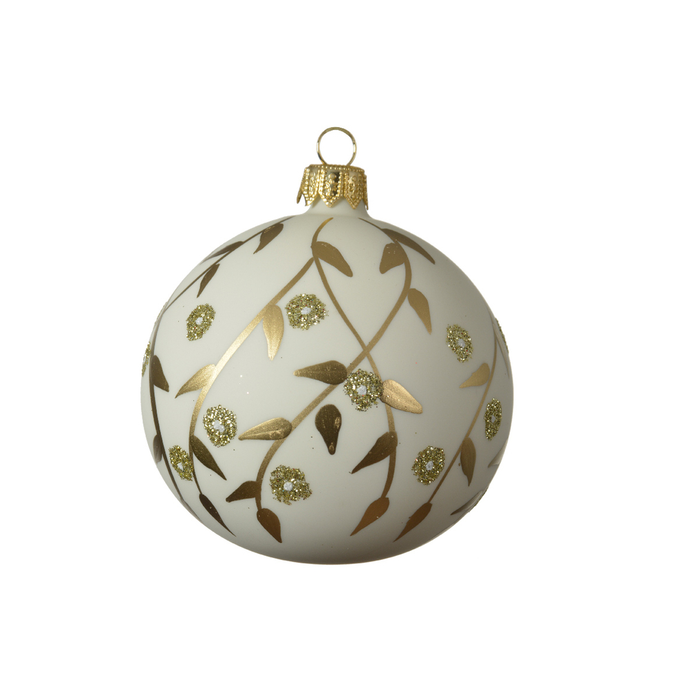 Boule de Noël en verre : fleurs pailletées, coloris or/blanc - D.8cm
