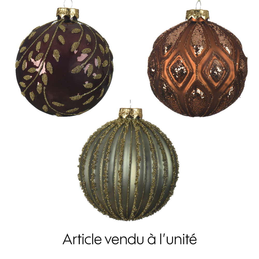 Boule de Noël en verre décoration en relief coloris Acajou D.8cm