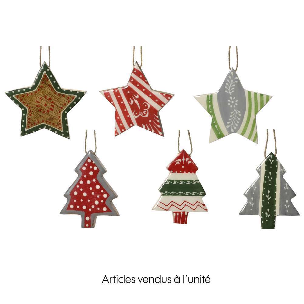 Suspension pour sapin de Noël en bois Etoile ou sapin multicolore 8cm