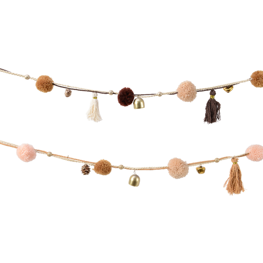 Guirlande multicolore pour sapin de Noël pompons et clochettes 120cm