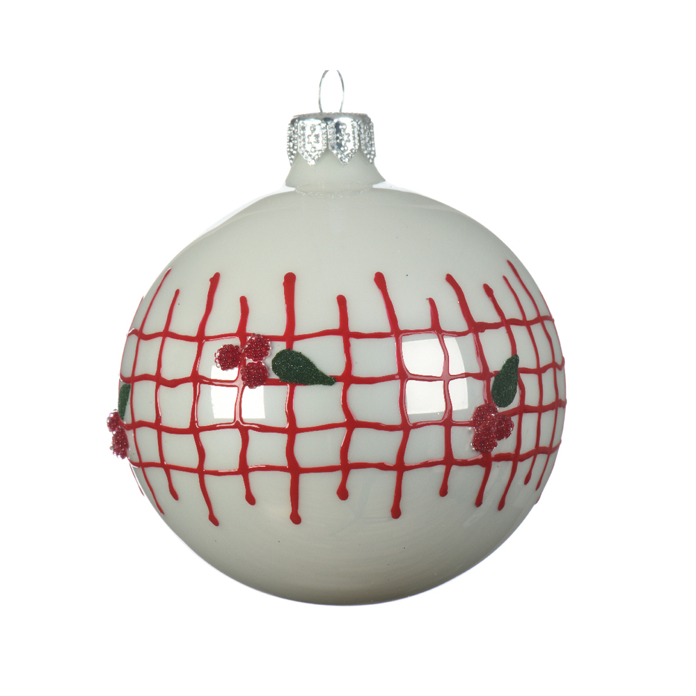 Boule de Noël en verre : treillis avec baies, coloris blanc - D.8cm