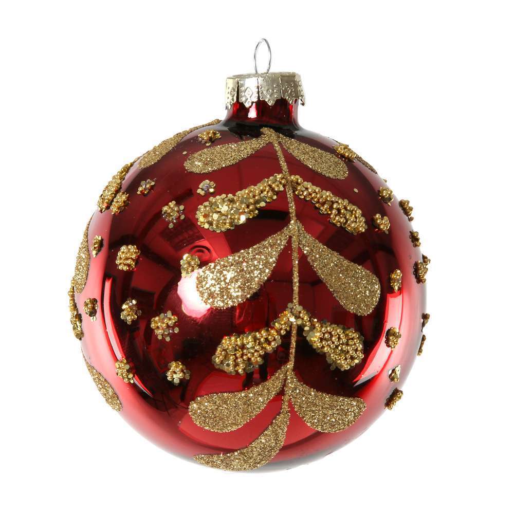 Boule en verre feuilles bordeaux et vertes Ø 8cm