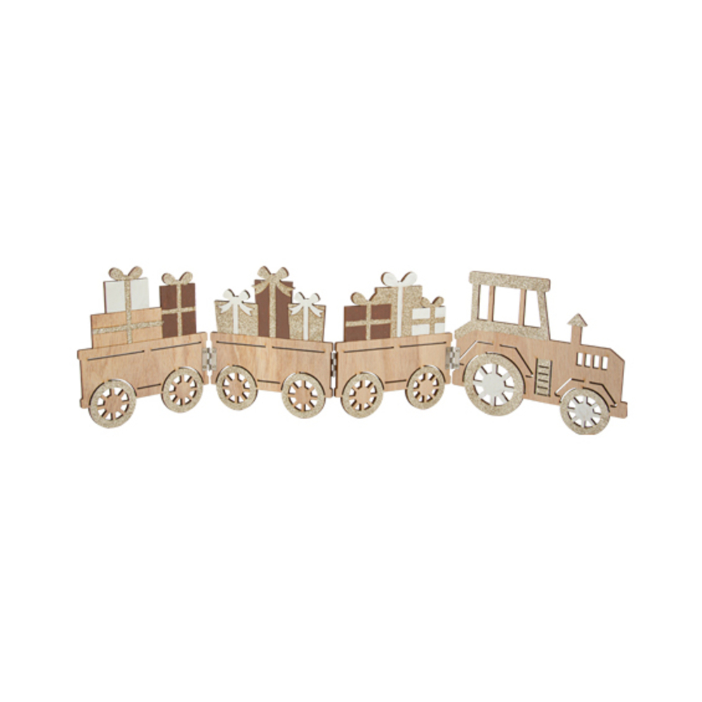 Train Féerique du Père Noël pliant en bois blanc marron et paillettes