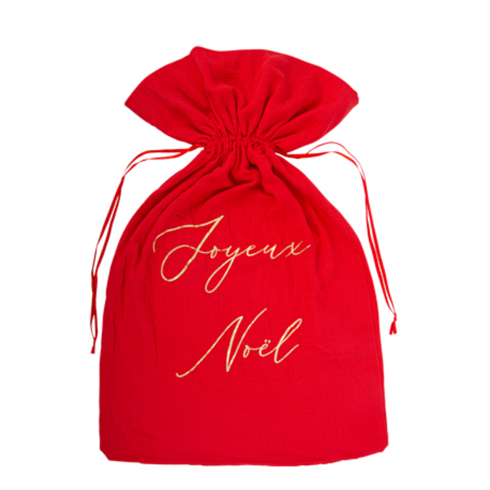 Sac à Cadeaux Joyeux Noël en gaze de coton rouge et or - 50x80cm