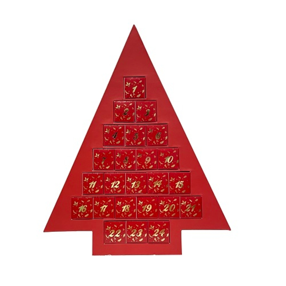 Calendrier de l'Avent Holly Trad Sapin à tiroirs rouge et or - 44x55cm