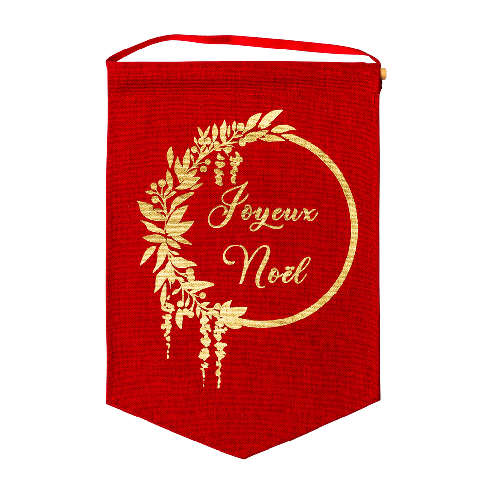 Suspension Joyeux Noël en lin rouge et or - 20x30cm