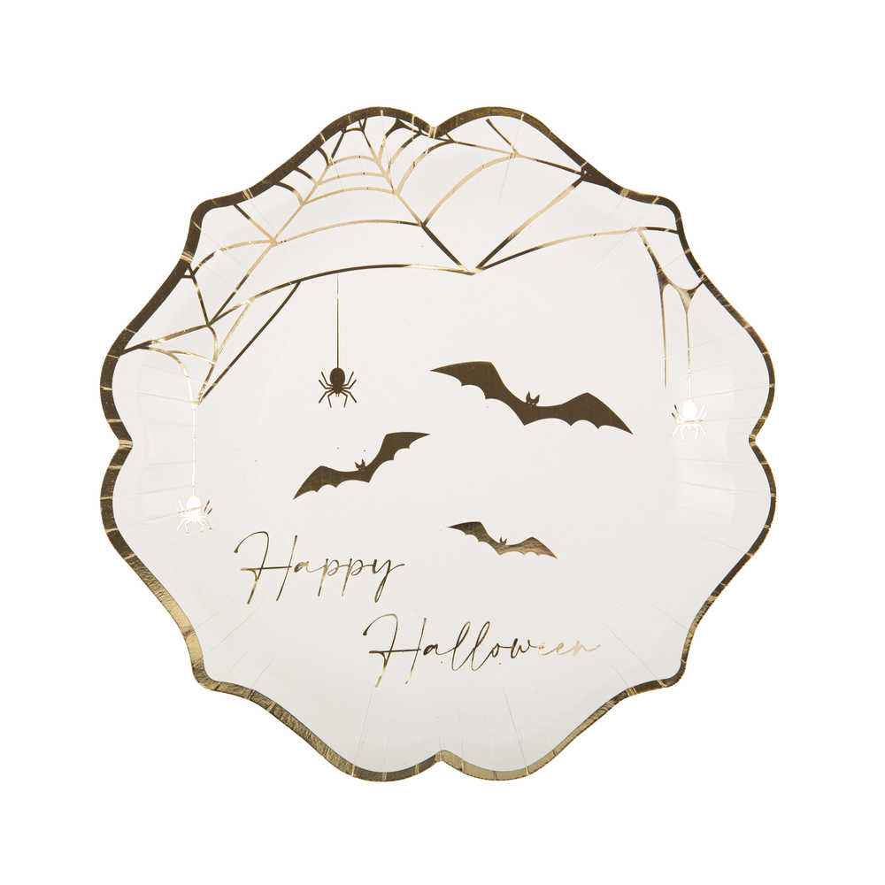 8 Assiettes Pure Halloween Blanches et Or - 23x23cm