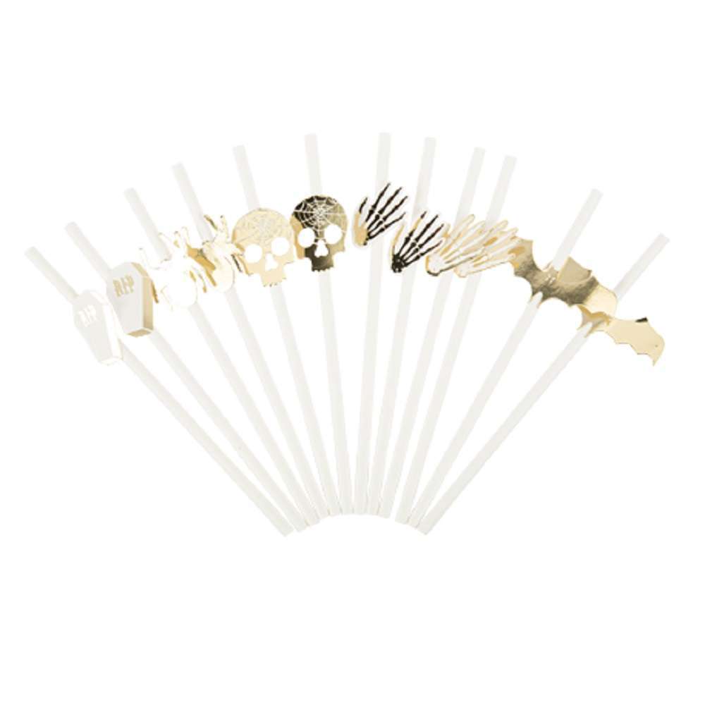 12 Pailles Pure Halloween Blanches et Or - 19,5cm