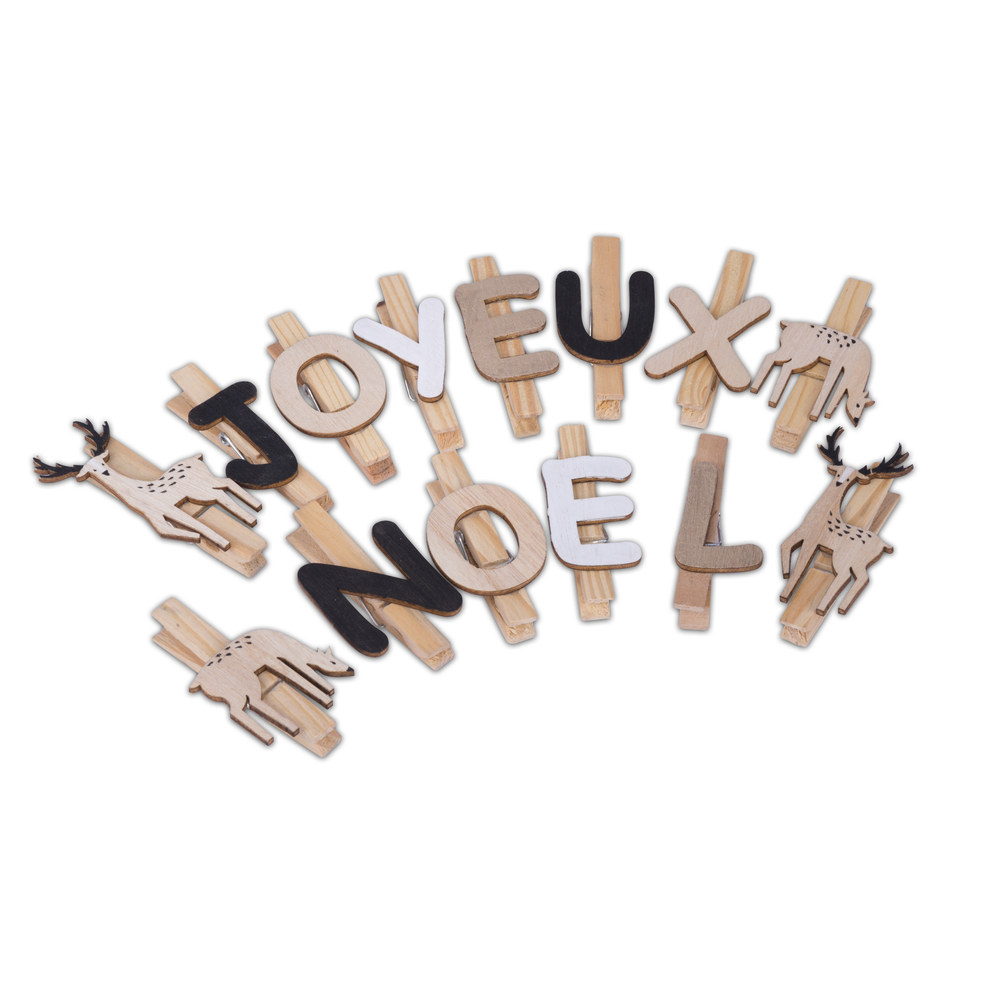 14 pinces Joyeux-Noël en bois noir, blanc et bois - 7cm