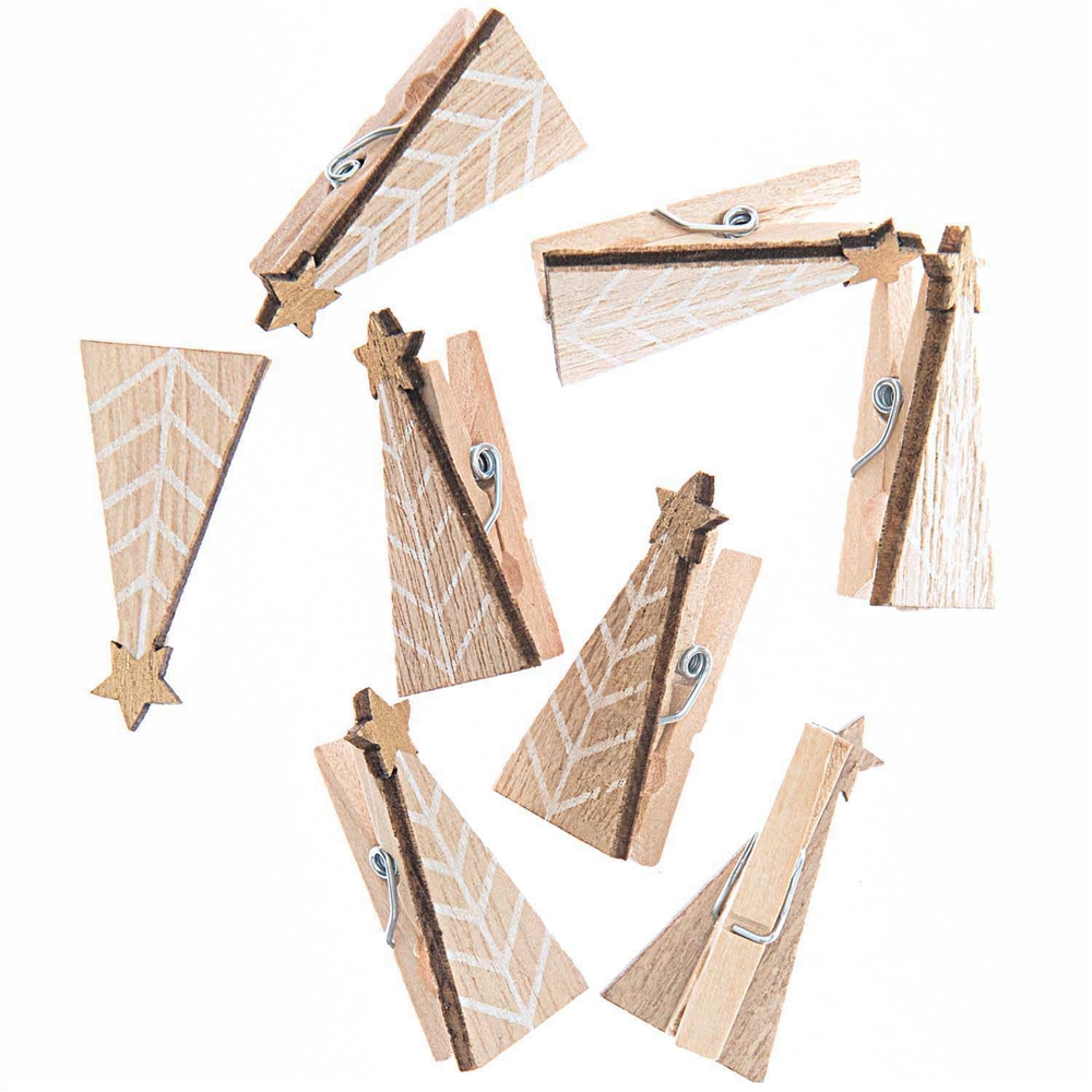 Pinces décoratives de Noël, Sapin en bois naturel - Lot de 8 pièces
