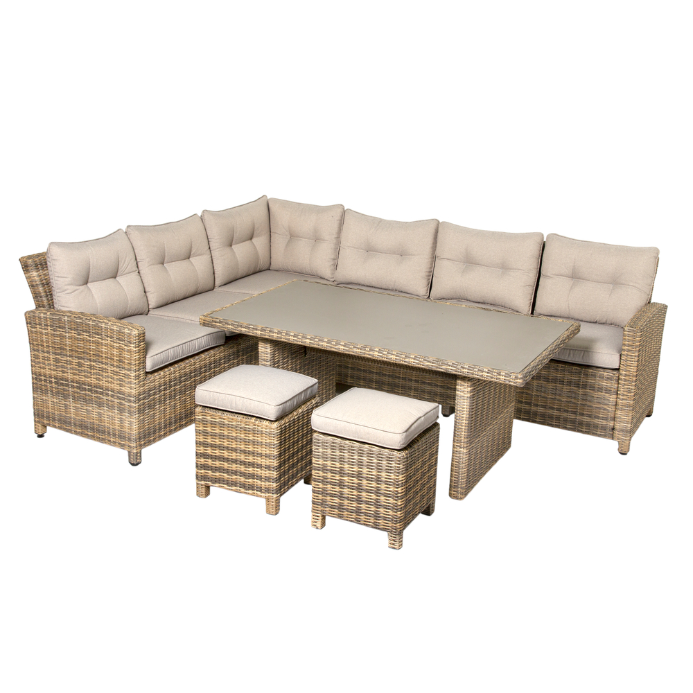 Salon de jardin HESTIA - 1 canapé d'angle, 1 table et 2 tabourets