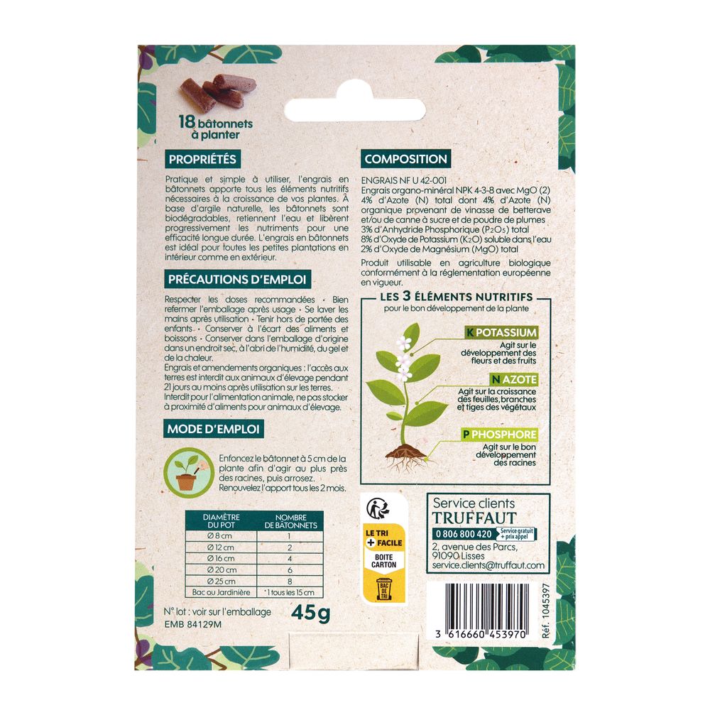 50 Bâtonnets Engrais Universel NPK + Fer - Pour Plantes Vertes Et Balcons - Effet 3 Mois - Greenyp