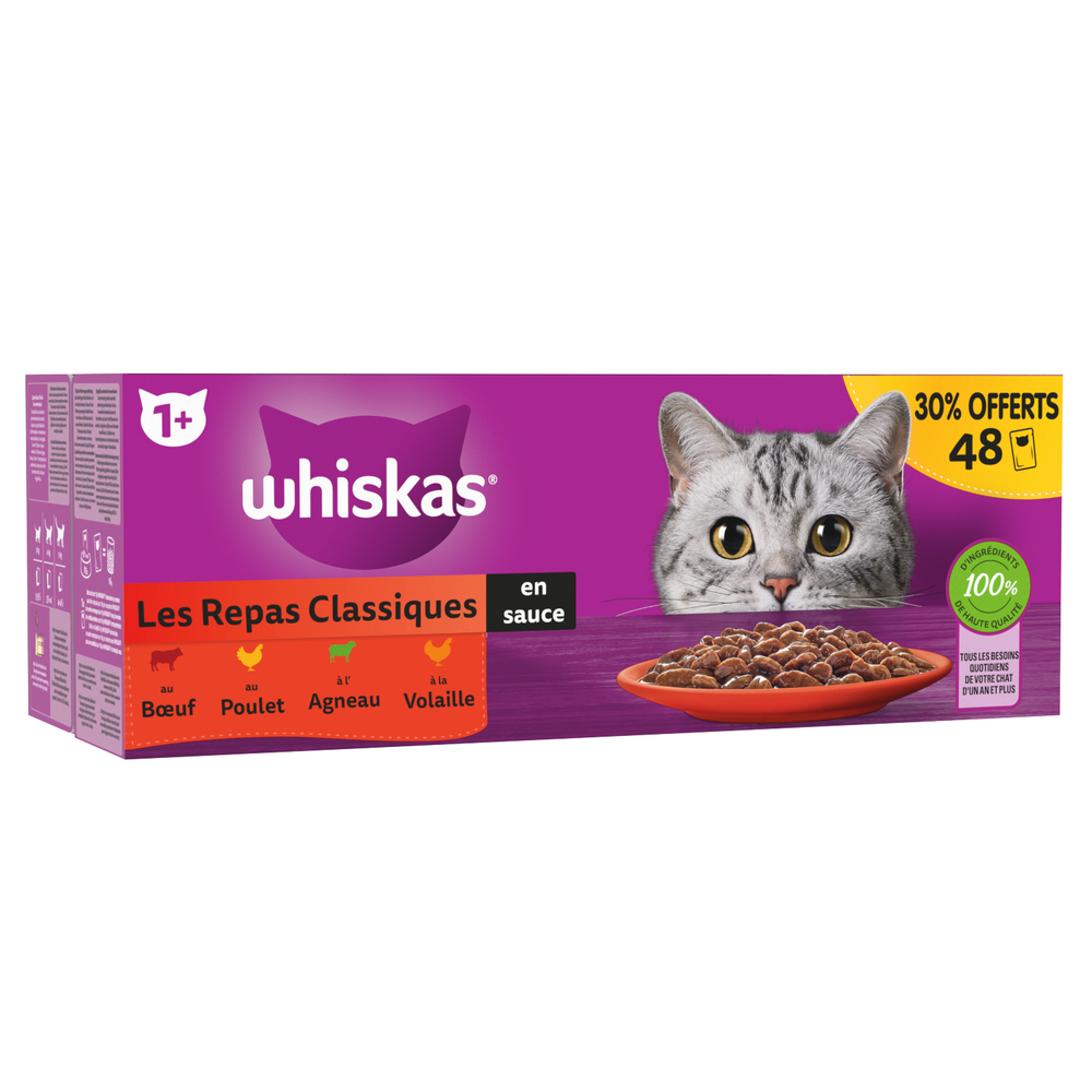 Repas complet en sauce pour chat 4 viandes favorites 48x85g 30% offert