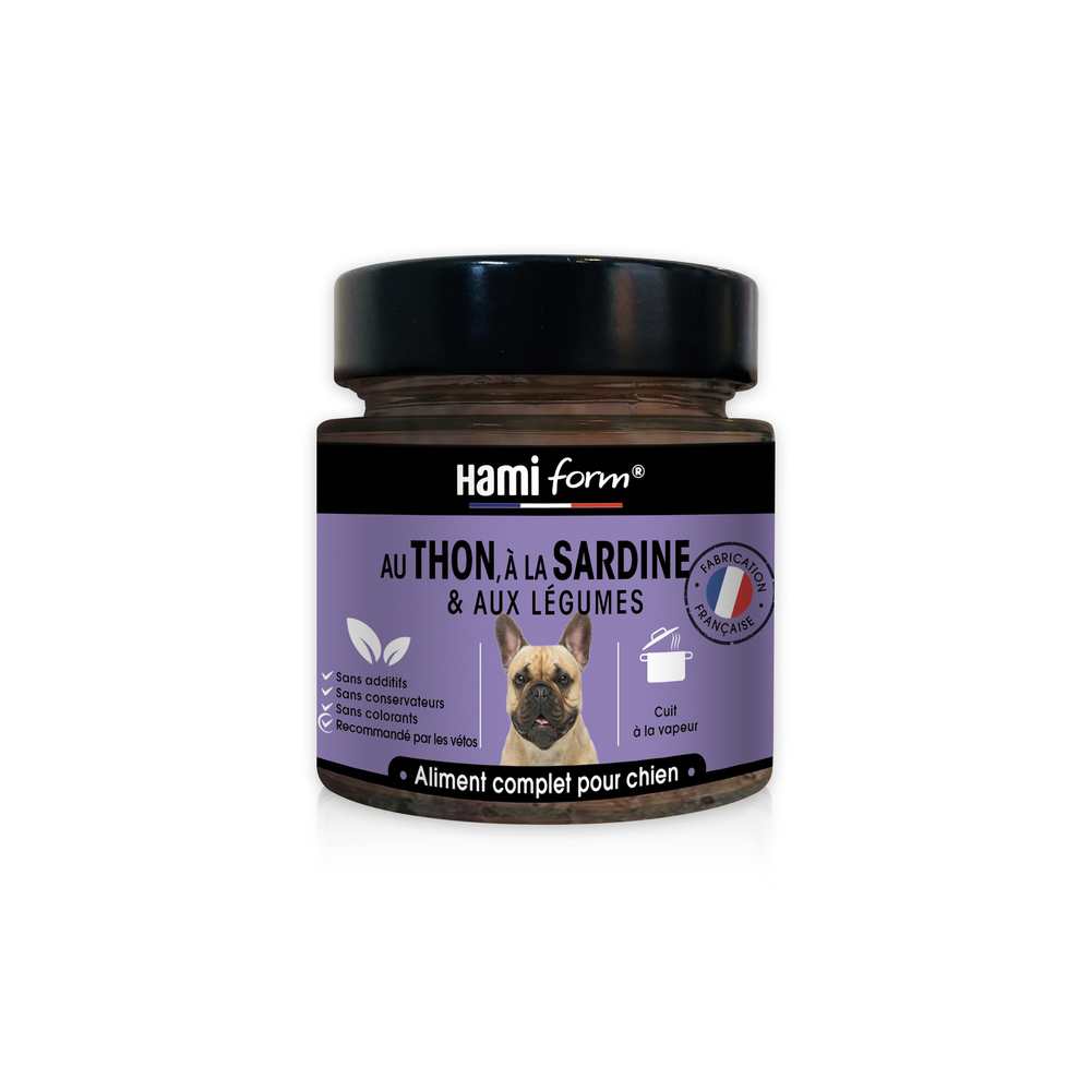 Menu cuisiné pour chien au thon, à la sardine et aux légumes 250g