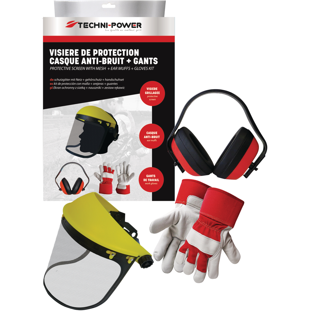 kit de protection : visiere + casque anti-bruit + gants techni-power