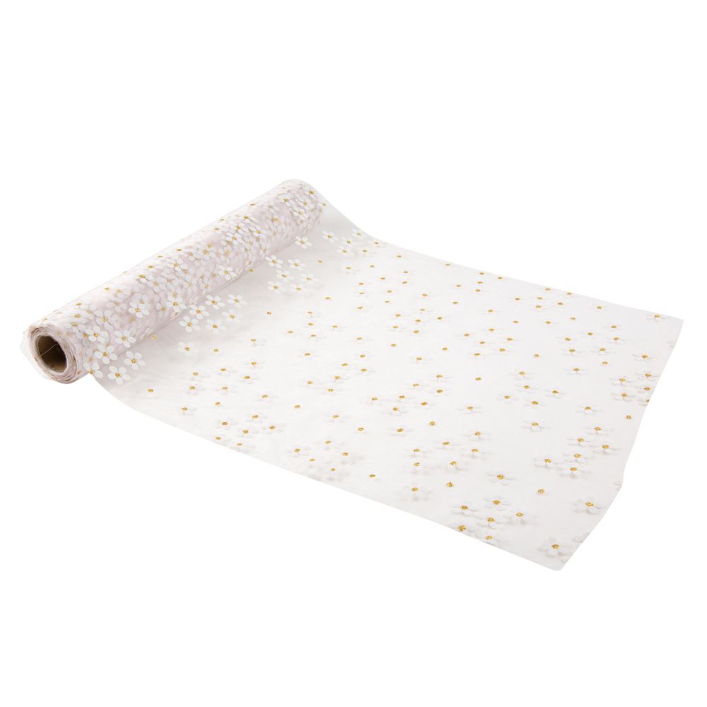 Chemin de table en tissu Petites marguerites blanches et or 28cm x 5m
