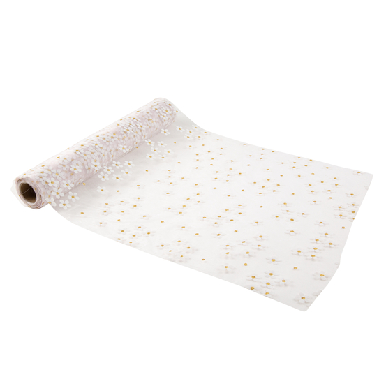 Chemin de table en tissu Petites marguerites blanches et or 28cm x 5m