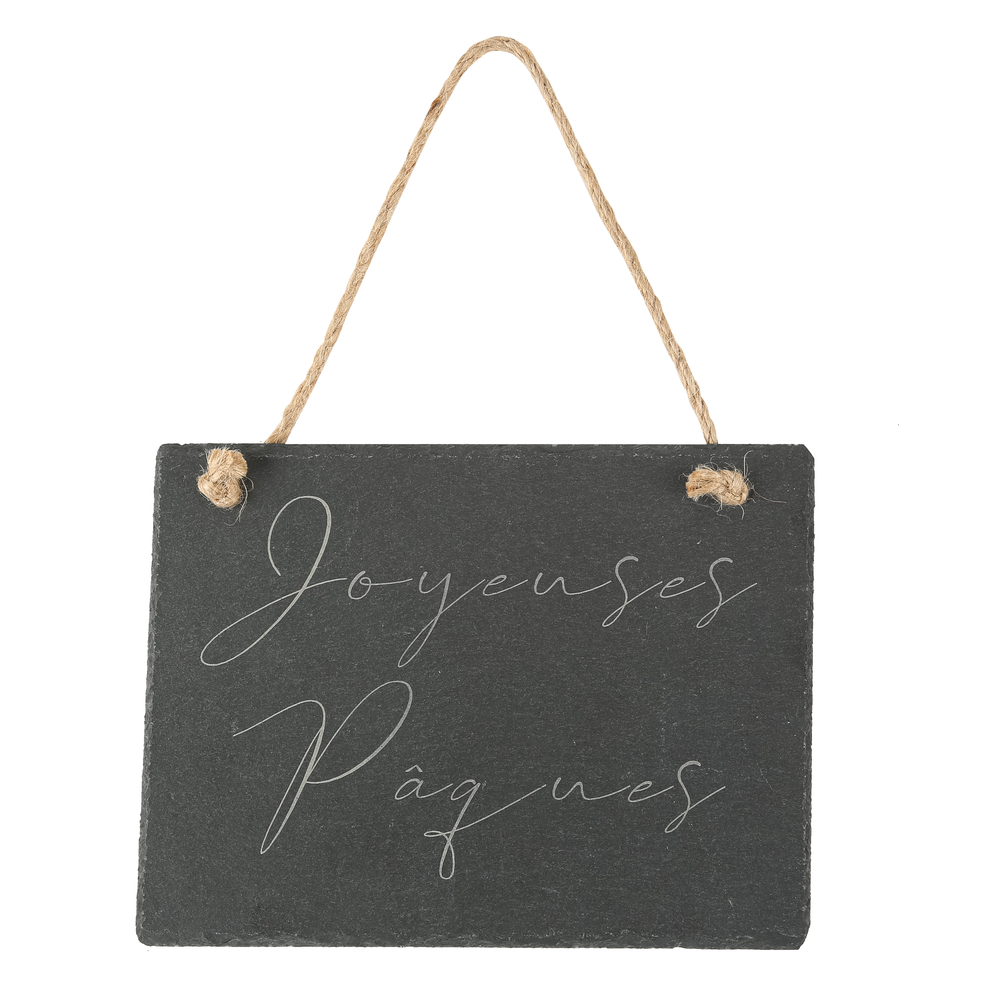 Pancarte Joyeuses Pâques en ardoise avec ficelle de suspension 15x20cm