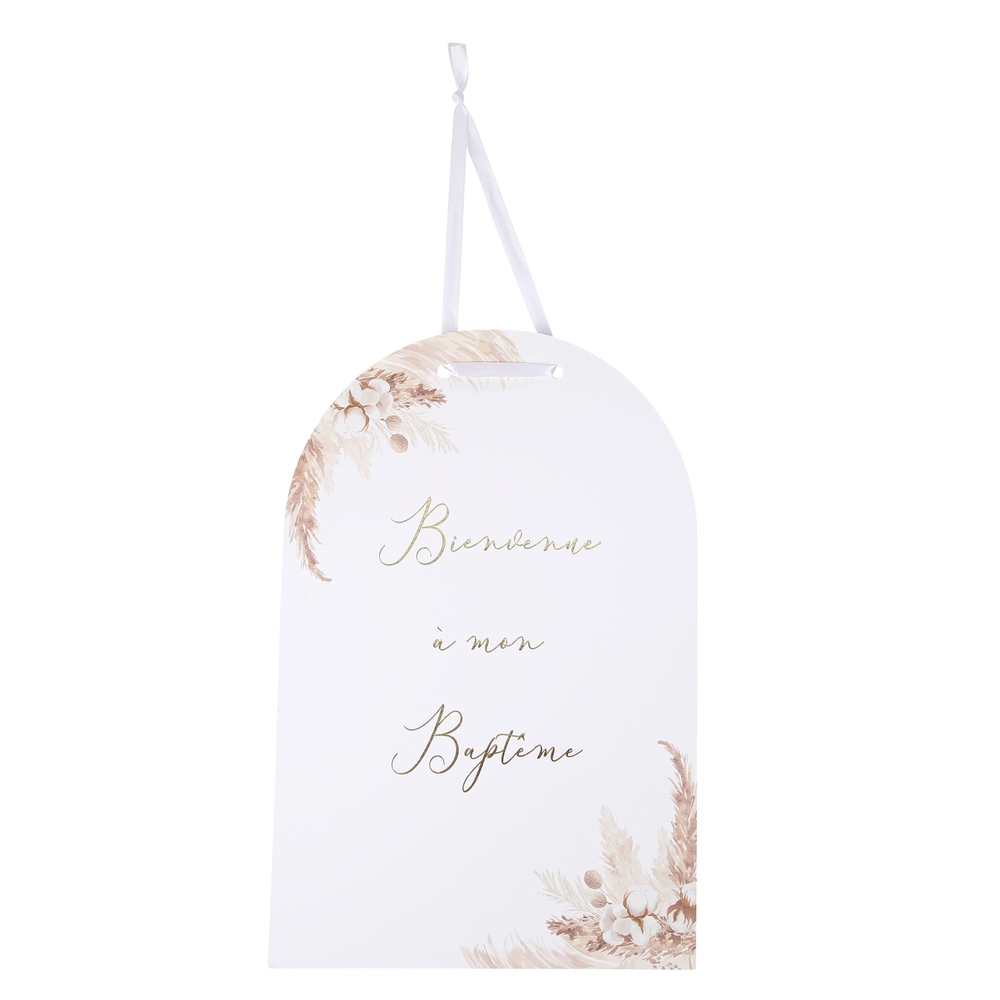 Pancarte Bienvenue à mon baptême Pampas et Fleurs de Coton 25 x 38 cm