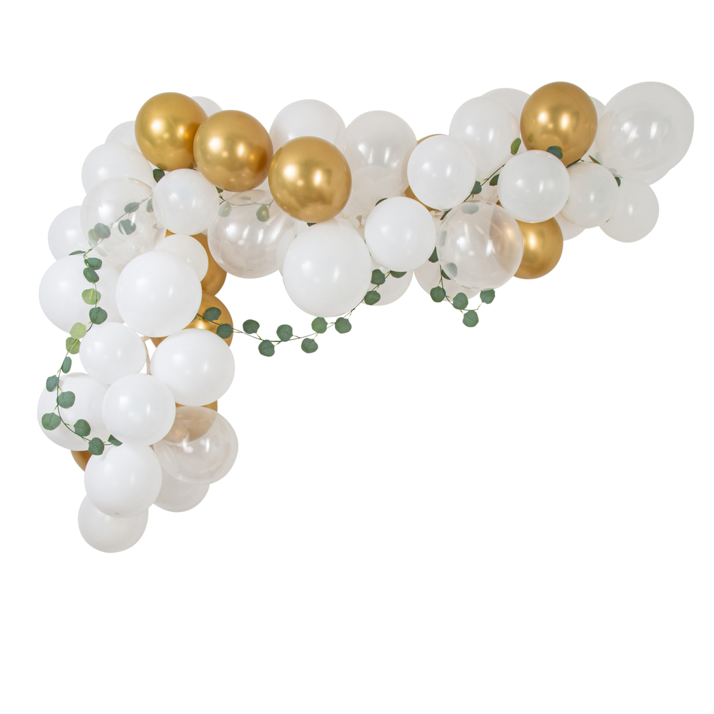Arche de déco de fête blanche & or 60 ballons + guirlande d'Eucalyptus