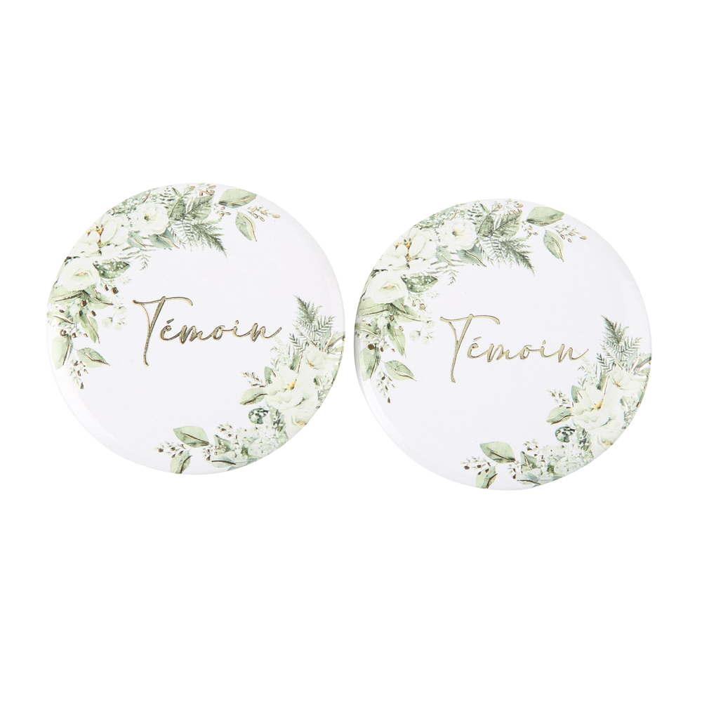 Badge pour témoin de mariage style Botanique Feuillages et Or Ø5 cm x2