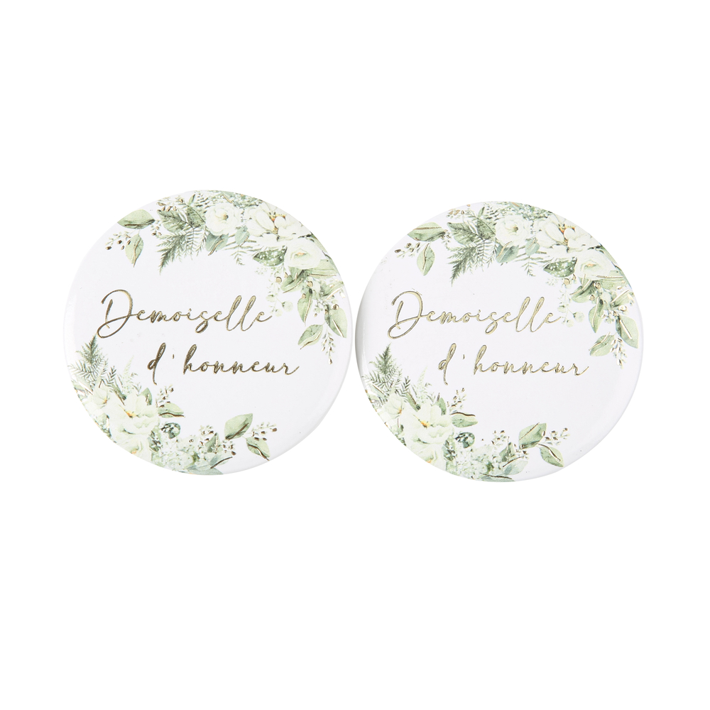 Badge Demoiselle d'honneur style Botanique Feuillages et Or Ø5 cm x 2
