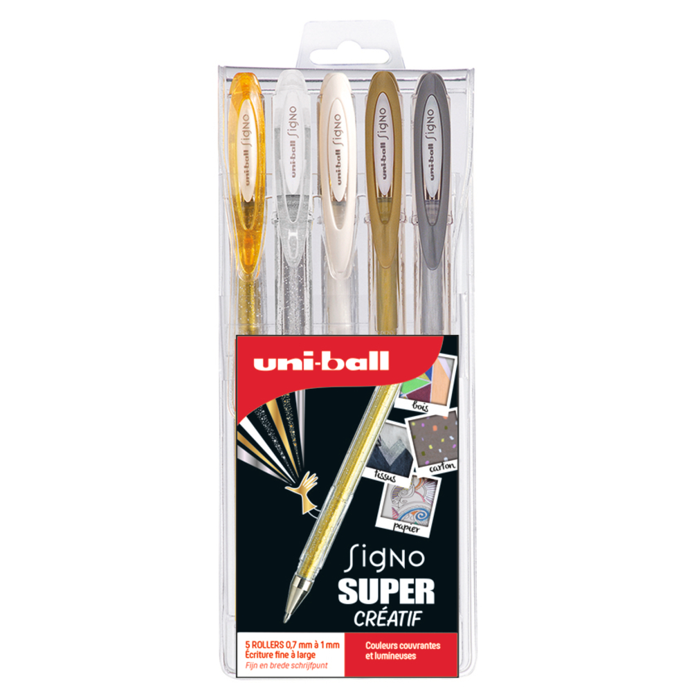 Pochette 5 stylos Rollers Uni-Ball Signo avec effets de style assortis
