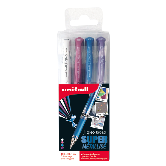 Pochette de 4 rollers Uni-Ball Signo Broad assortis - pointe large 1mm