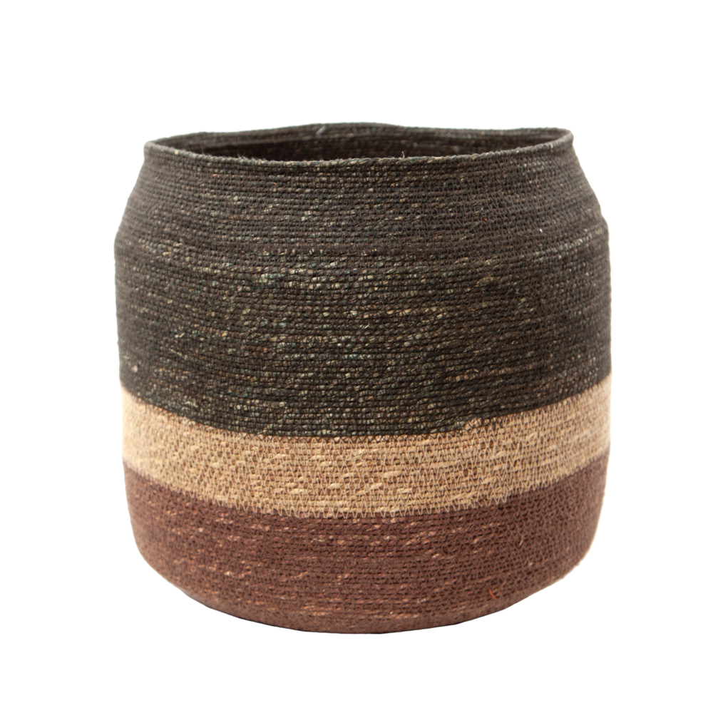 Panier tricolore Ligne à bandeau noir, beige et marron H.32 x D.30 cm