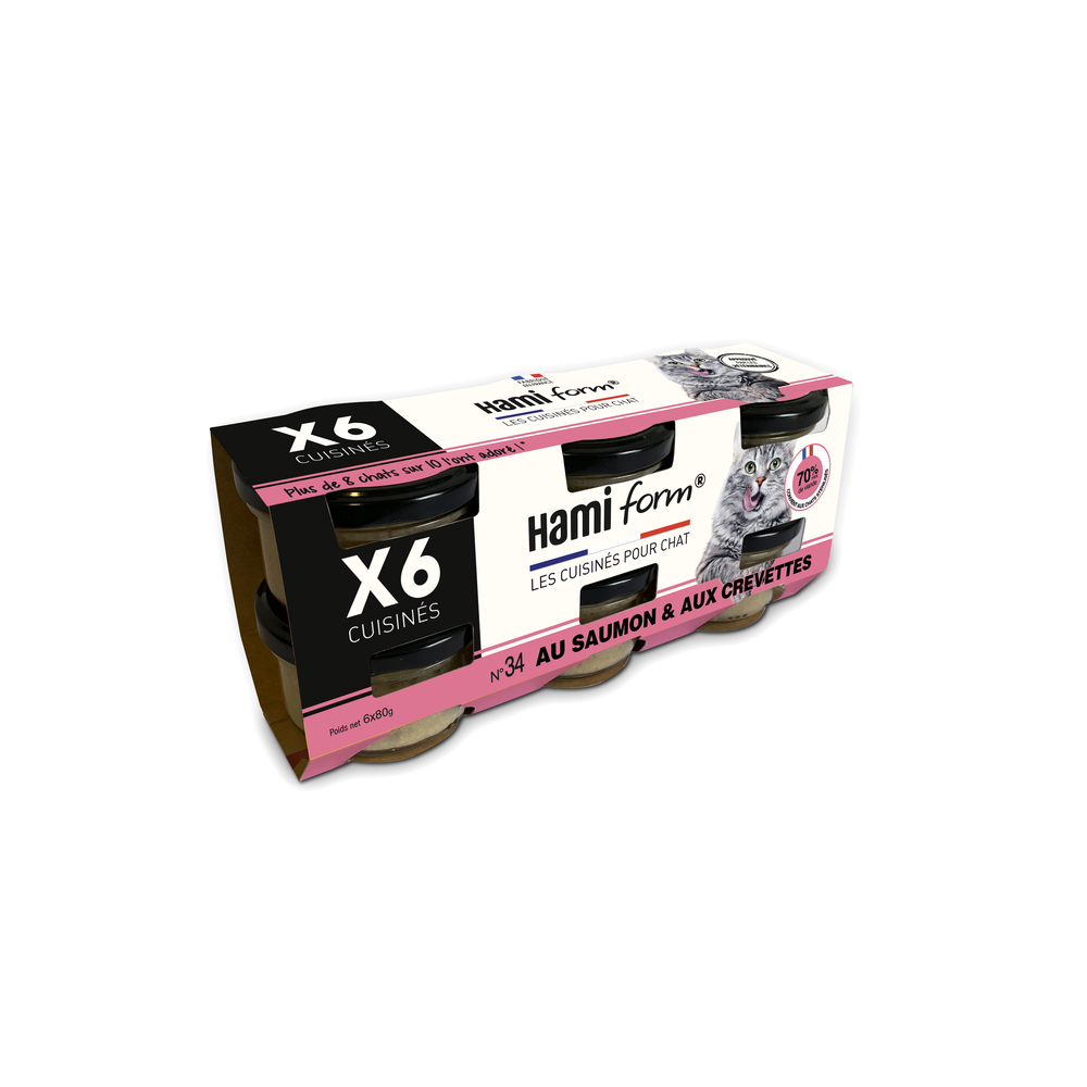 Pack 6 pots recette n°34 Saumon / Crevette pour chat
