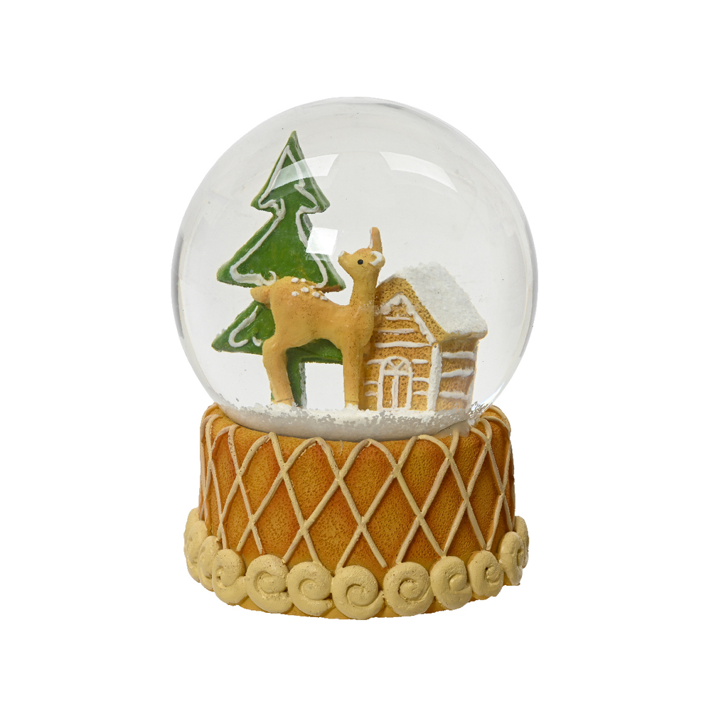 Boule avec neige cerf sapin polyresine D 10 cm
